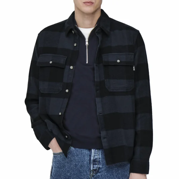 Only & Sons Scott Check Flannel Casual Hemd Herren Dunkelblau – Schwarz 1